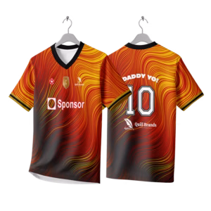 Custom full colour printed jersey showing sponsor logo and player number